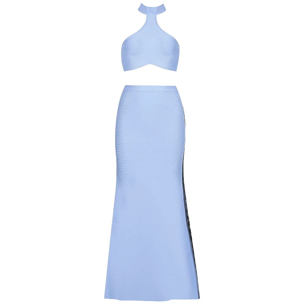 Топ качество Сексуальная Открытая спина Холтер небесно голубой 2 шт бандажный