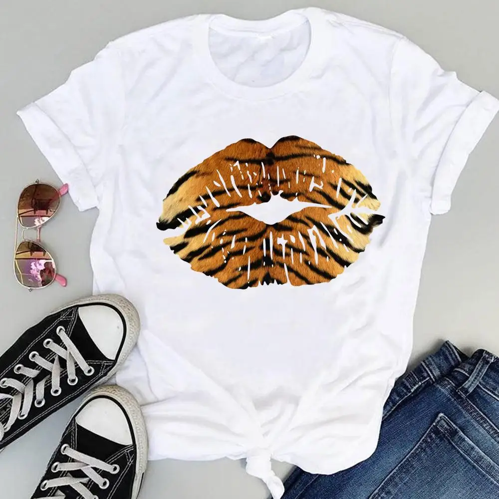 

Women Fashion Print Sweet Leopard Lip Cute Style Funny Cute Summer Short Sleeve Lovely Clothes Tops Tees Tshirt T-Shirt