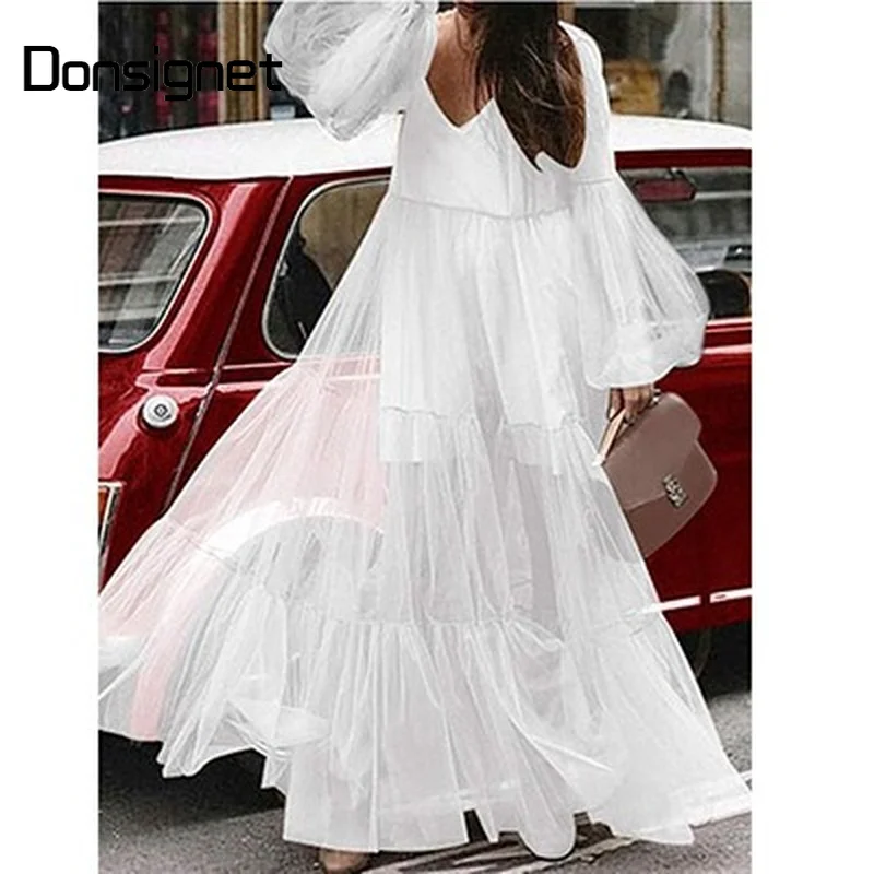 

Donsignet Summer New Solid Dress for Women V-Neck Puff Sleeve Gauze Long Birthday Dress for Women