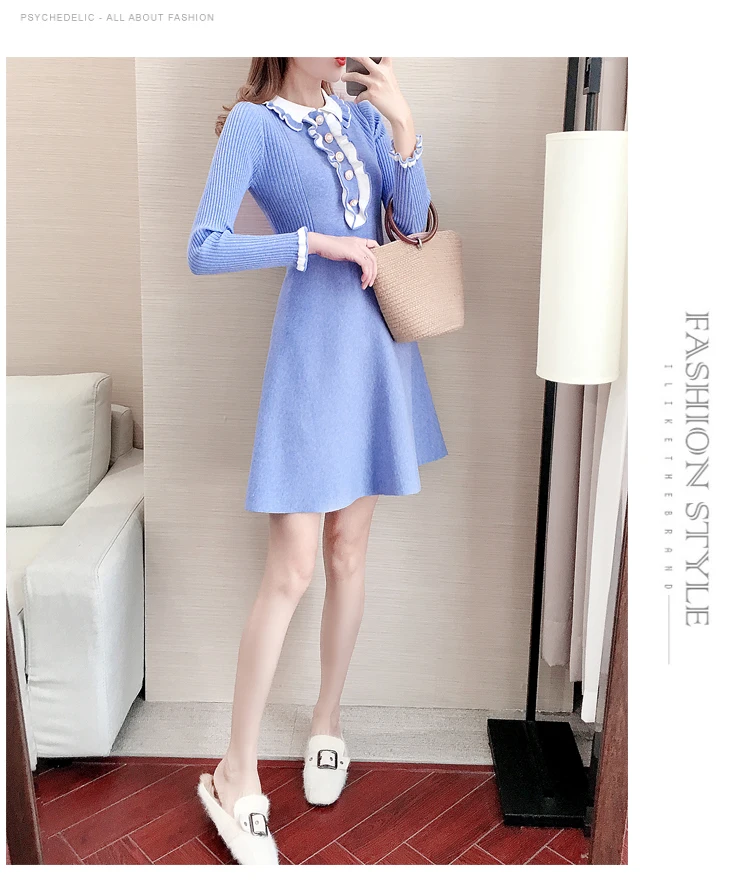 

ZAWFL 2020 New Fashion Knitted Dress Women Vintage Fall Winter single-breasted Slim Elastic A-line Ladies Sweater Dress Vestidos
