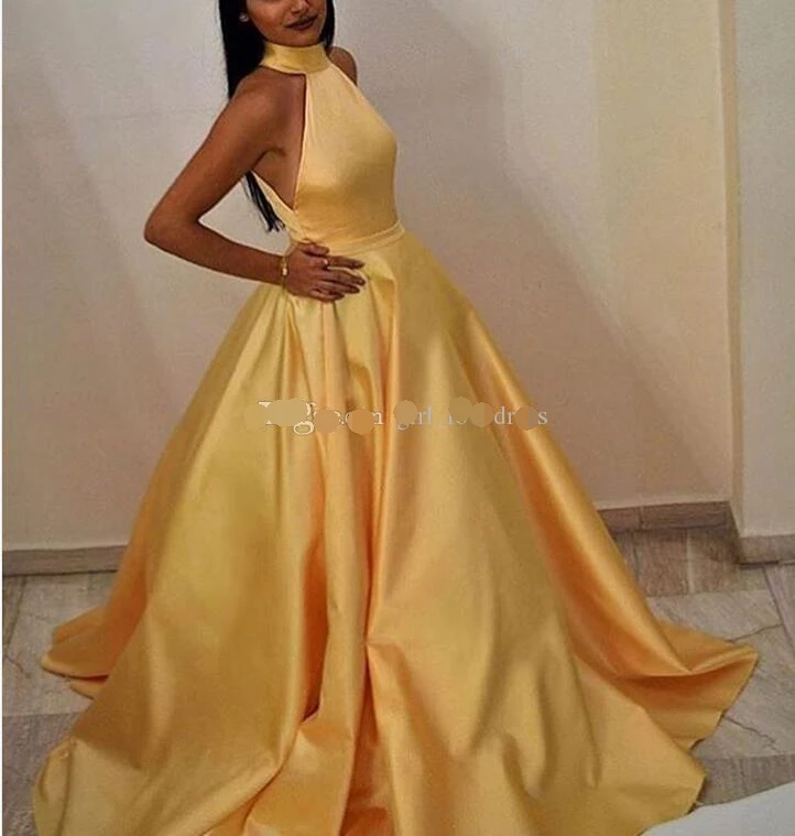 

Elegant Robe De Soiree Muslim Women A-Line Halter Floor Length Long Yellow Evening Dress 2019 with Pockets Vestido De Festa Sexy