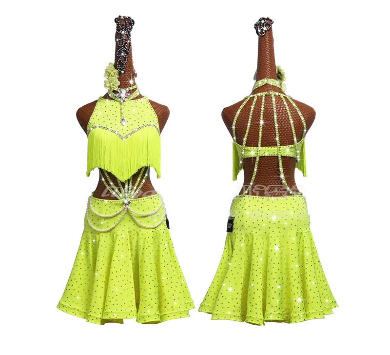 

Shiny Fluorescent Green Fringed Latin Dance Dresses Competition Costume High-end Custom Stage Performance Dance Skirt Women