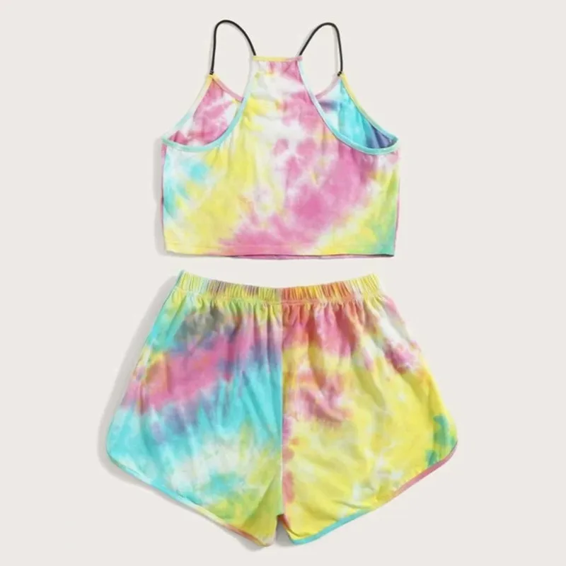 

Tie Dye Colorful Spaghetti Strap Crop Tops and Shorts Women's Sets Y2K Clothes Summer Elastic Sexy Printing 2 Pieces Sets Female