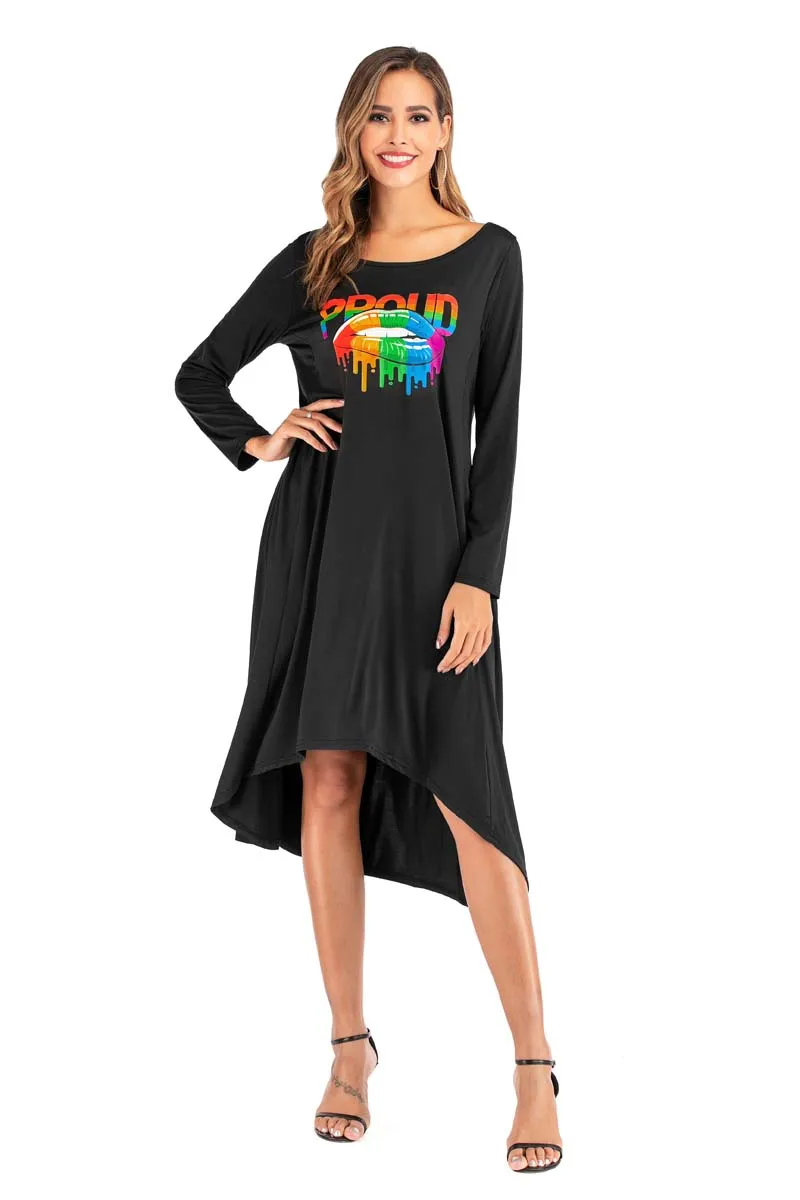 

Women autumn winter dress colorful mouth 3C print long sleeve midi dresses loose cloth plus size vestidos O neck jurken fashion