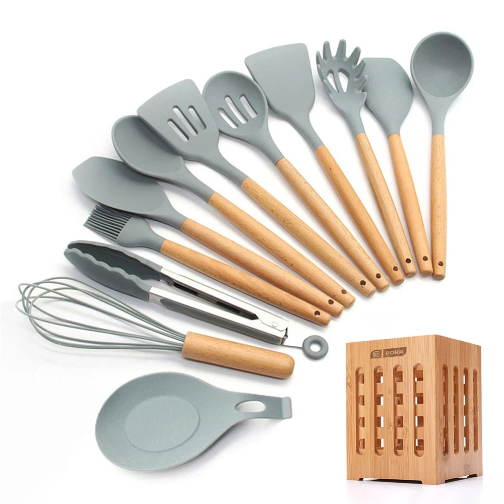 

Silicone Cooking Utensils 11/12/13Pcs Kitchen Utensil Set Non-stick Spatula Wooden Handle with Storage Box Kitchen Appliances