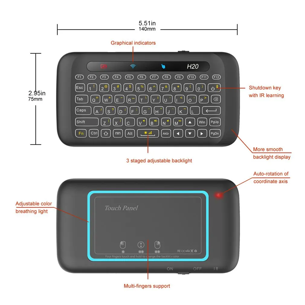 

H20 touch double-sided mini wireless keyboard Full screen touchpad 3 staged adjustable backlight Auto-rotation