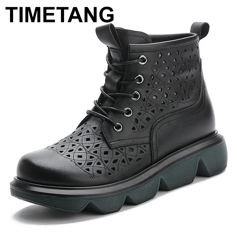 

TIMETANG summer thin air permeability hole shoes thick bottom hollow cold boots women leather retro British Martin boots short