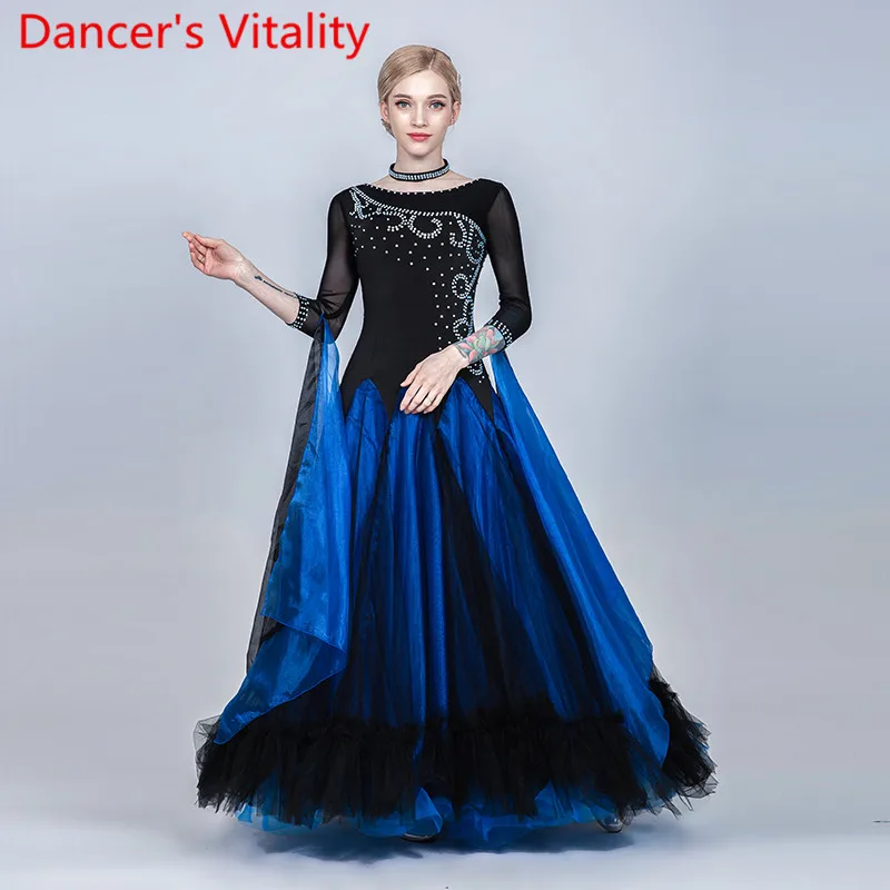 

Новая женская Современная Одежда для танцев, национальный стандарт, бальный вальс, танцевальная одежда для выступлений, Сращивание, Алмазн...