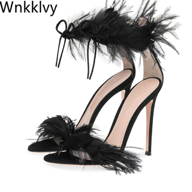 

Lady Sexy Party Sandal summer Shoes Ankle Strappy stilettos Thin Heel Stiletto feather Sandalias T-show Dance party shoes