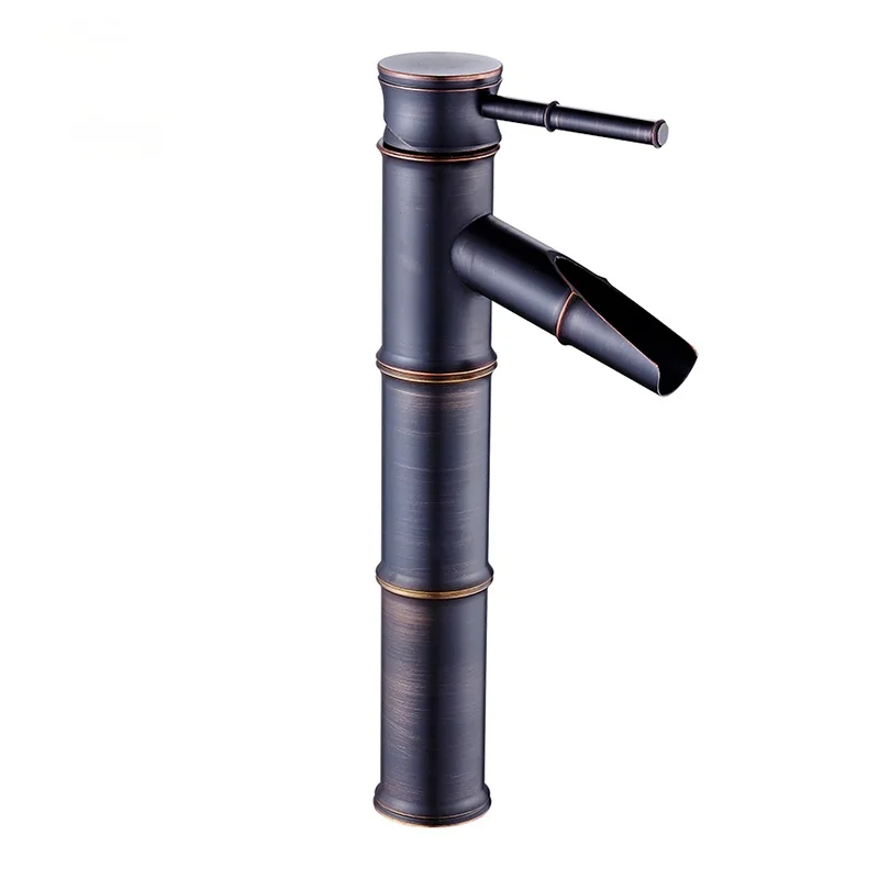 

2021 NEW Black Brass Waterfall Bathroom Sink Faucet Vessel Tall Bamboo Water Tap Retro Single Hole Basin Faucets