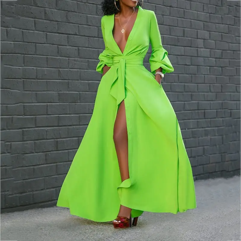 Платье в пол с разрезом и поясом рукав-фонарик простой пуловер макси платье