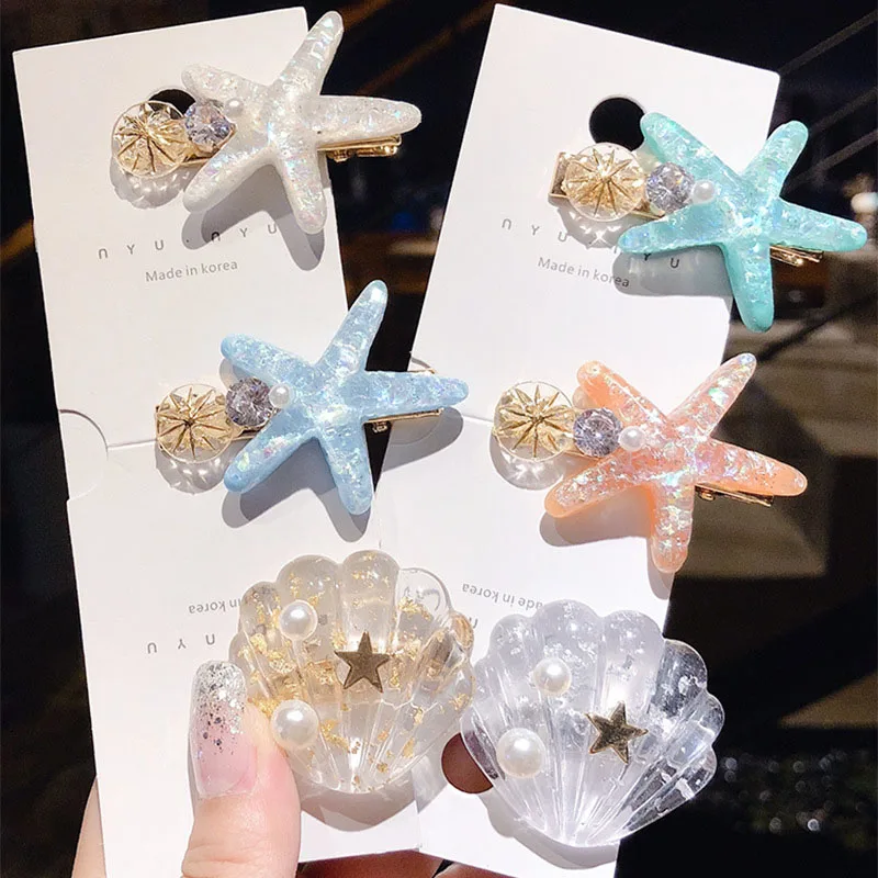 ncmama Pearl Ocean Shell Starfish Hair Clips for Women Girls Handmade Geometric Duckbill Clips Hairgrips Bangs Hair Accessories korean hair clips