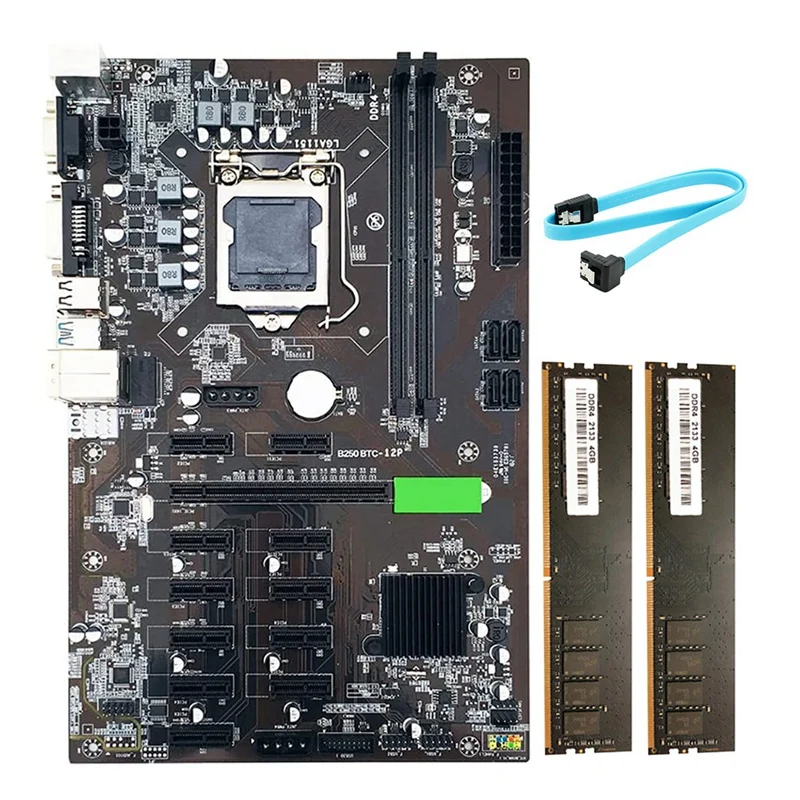

B250 BTC Mining Motherboard Support VGA DVI LGA 1151 with+SATA Cable+ 2XDDR4 4GB 2311MHZ RAM for Miner