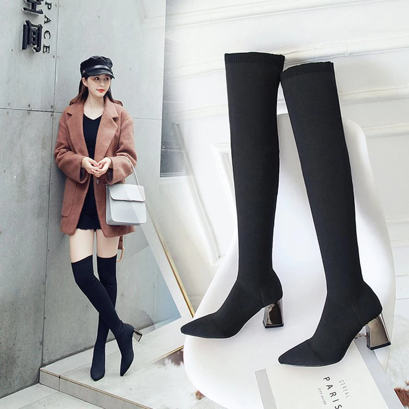 Чулки сапоги высотой до бедра Женская обувь femme вязание с острым носком длинный