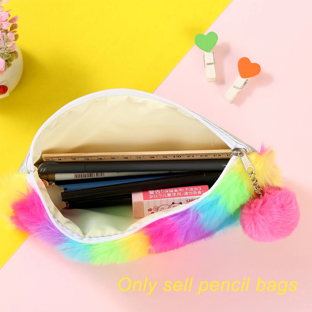 

Plush School Zipper Rainbow Style Storage Office Portable Furry Pencil Bag Stationery Large Capacity Cute With Pendant