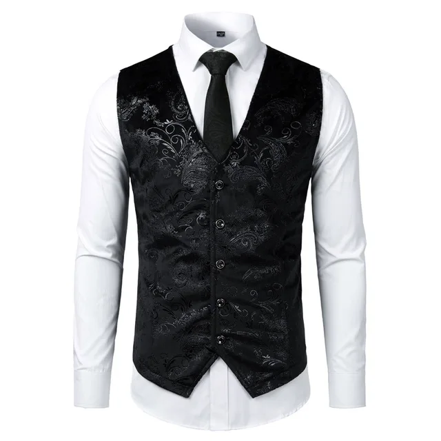 

Men’s Suit Vest V-Neck Single Breasted Steampunk Gilet Red Paisley Silm Fit For Wedding Men Gothic Victorian Homme