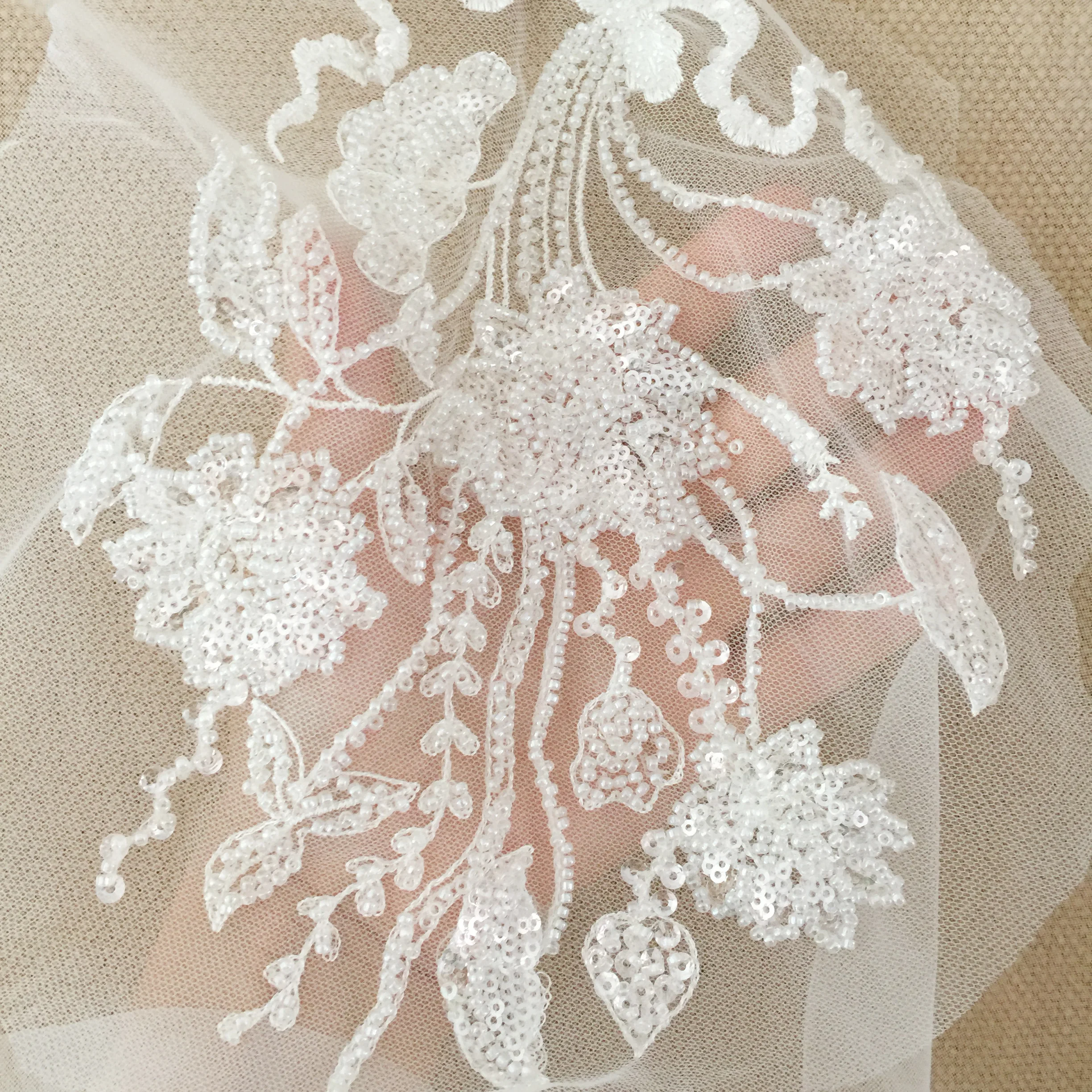 

2 Pieces Ivory 3D Beaded Floral Embroidery Lace Applique, Leaf Bridal Veil Wedding Bodice Lace Patch Motif