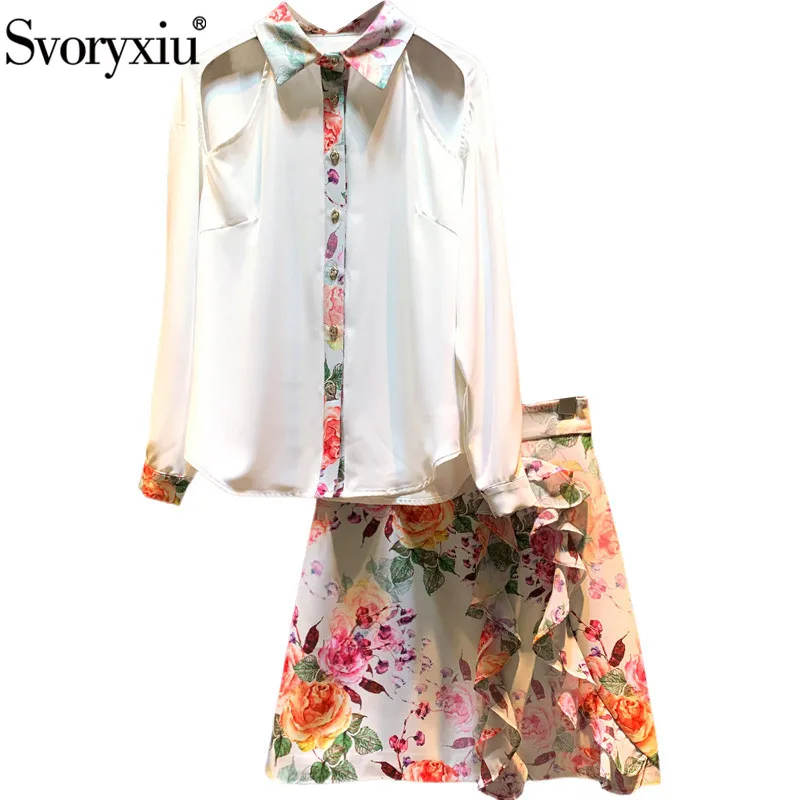

Svoryxiu Designer Fashion Autumn Skirt Suit Women's Sexy Off Shoulder Long Sleeve Blouse + Print Ruffles Skirt 2 Piece Set