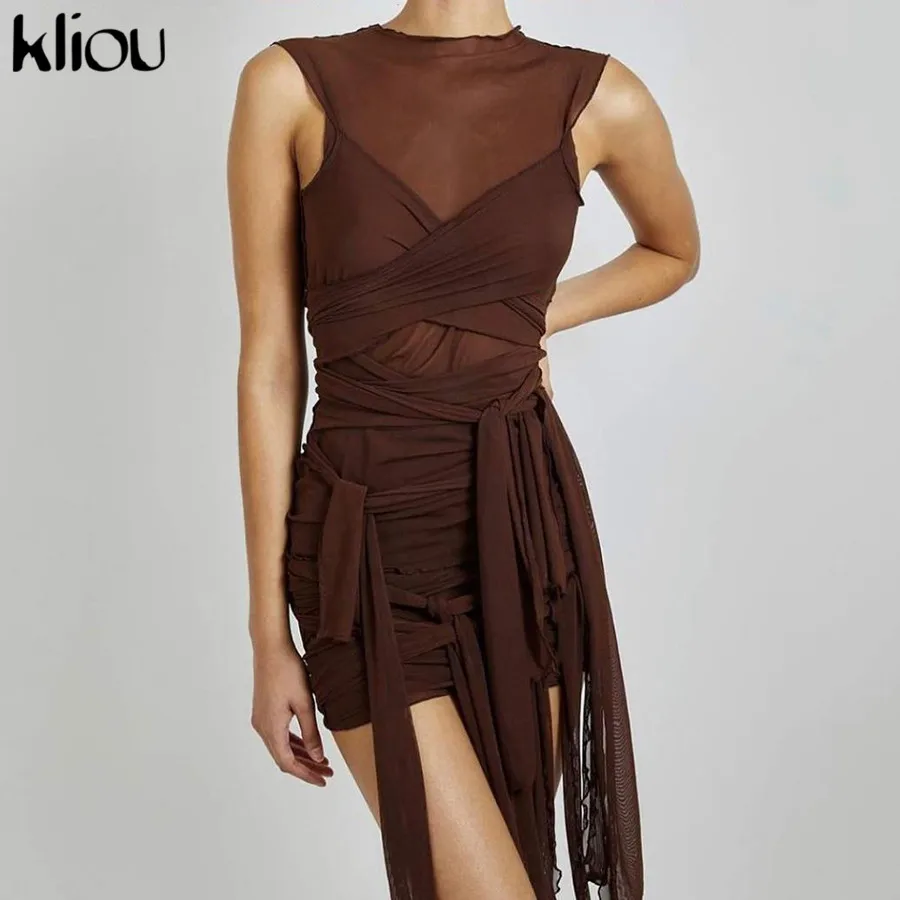 

Kliou Ribbons Mesh See Through Bodycon Party Dresses Women Sexy Clubwear Mini Dress