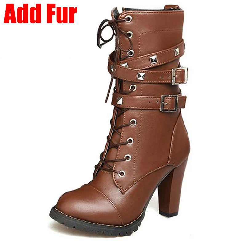brown add fur 1 ALLENLYNN/женские мотоциклетные ботинки; ботильоны в западном стиле; женская обувь; женские осенние ботинки на высоком каблуке с пряжкой; Размеры 33-48 - Цвет: brown add fur 1