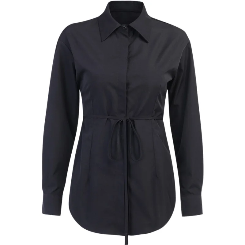 

Hbenna White Blouse Women Fashion Hollow Out Blouse Button Long Sleeve Turn-down Collar Lace up Shirts Blouse 2021 Casual Tops