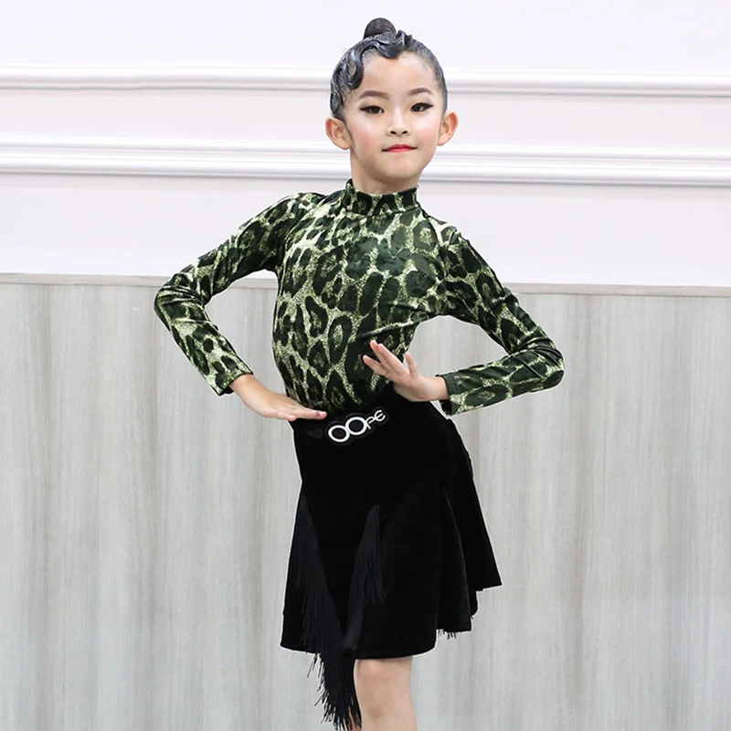

Fringe Skirt Latin Practice Wear Leopard Girls Set Stage Costume Tap Dance Wear Salsa Dancer Outfit Designer Clothes DL7687