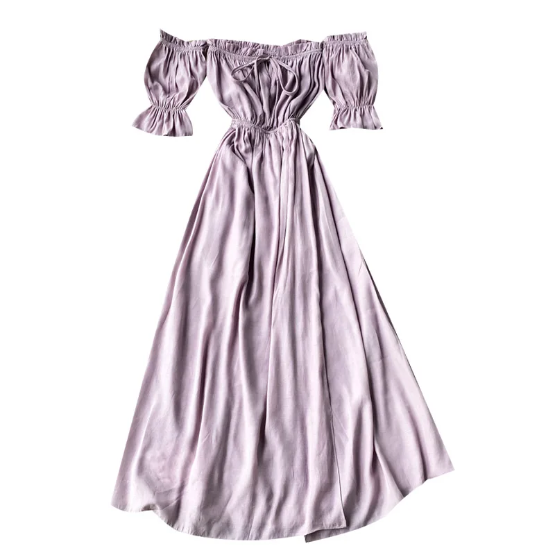 

GLAUKE Off shoulder Lantern Sleeve split holiday soft wind purple long dress bra skirt wrap chest sexy dress Retro Solid Short