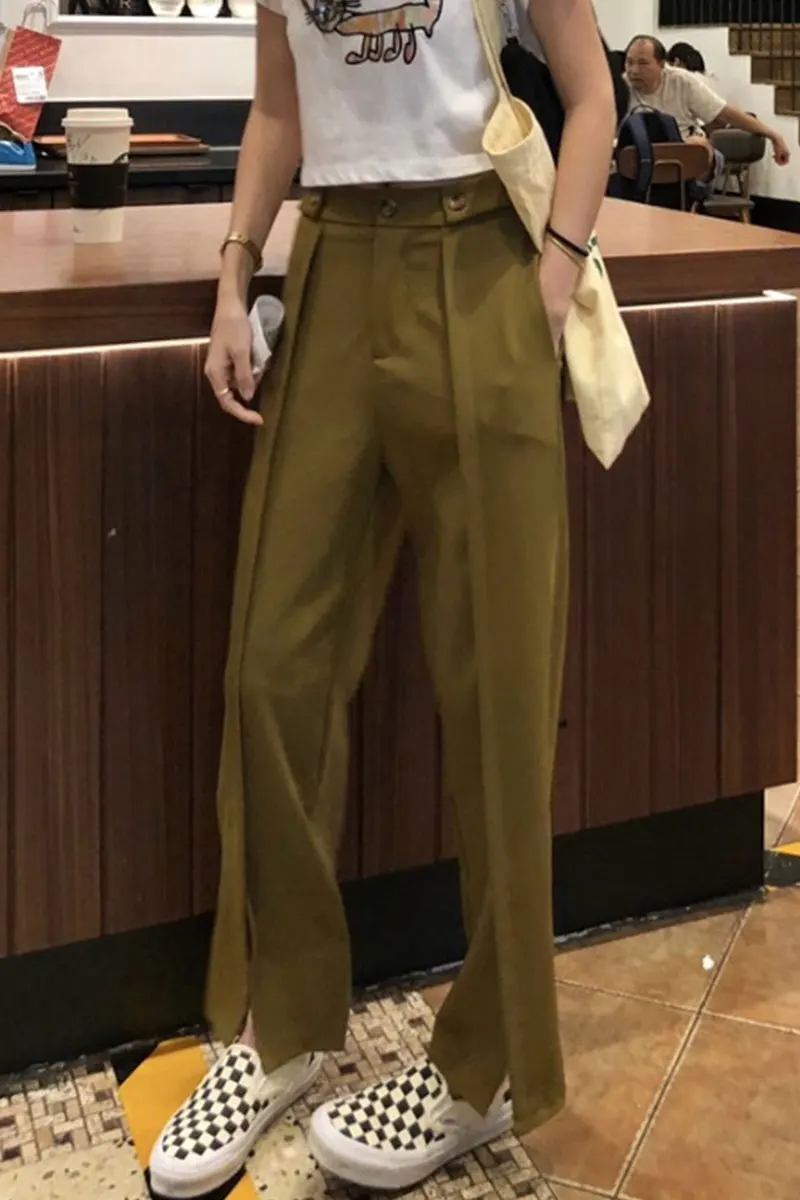 

Fashion High Waist Drooping Casual Suit Pants for Women Thin Elegant Wide-Leg Pants 2021 Summer Straight Loose Split Pants