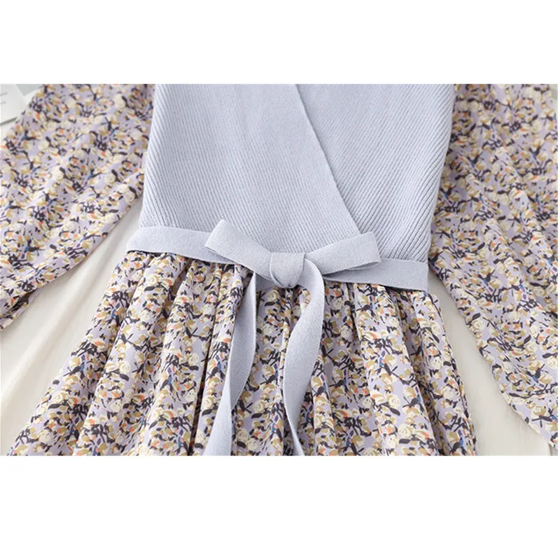 

2021 Vintage Florals Chiffon Midi Dresses Women Autumn v-Neck Long Sleeve Nipper Temperament Maxi Dress Elegant Vestidos H1113