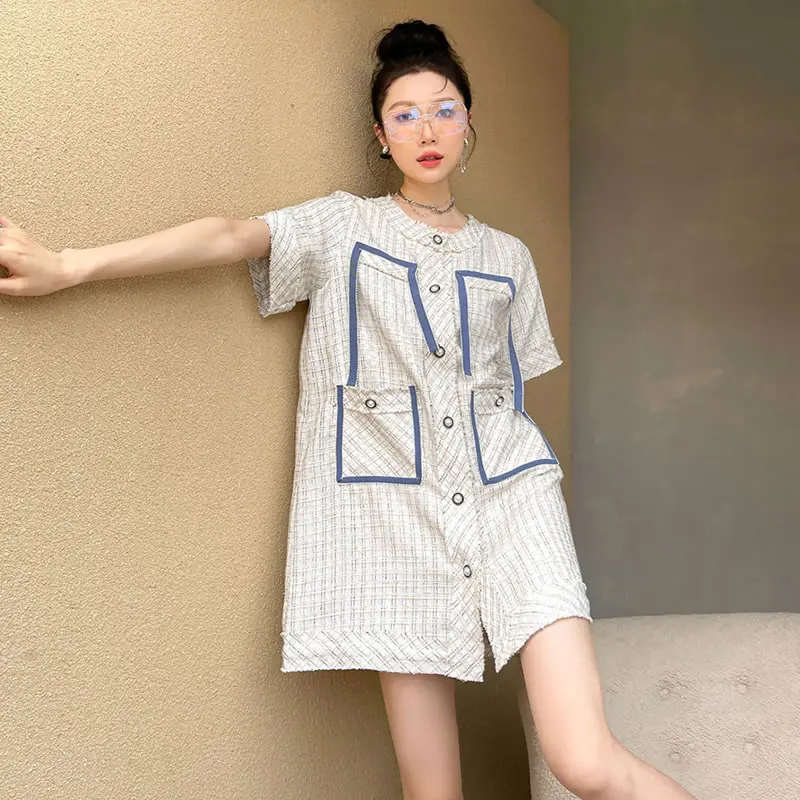 

XITAO Bright Line Decoration Dress Plaid 2021 Summer New Fashion Slim Single Breasted O-neck Short Sleeve Dress Elegant WMD0530