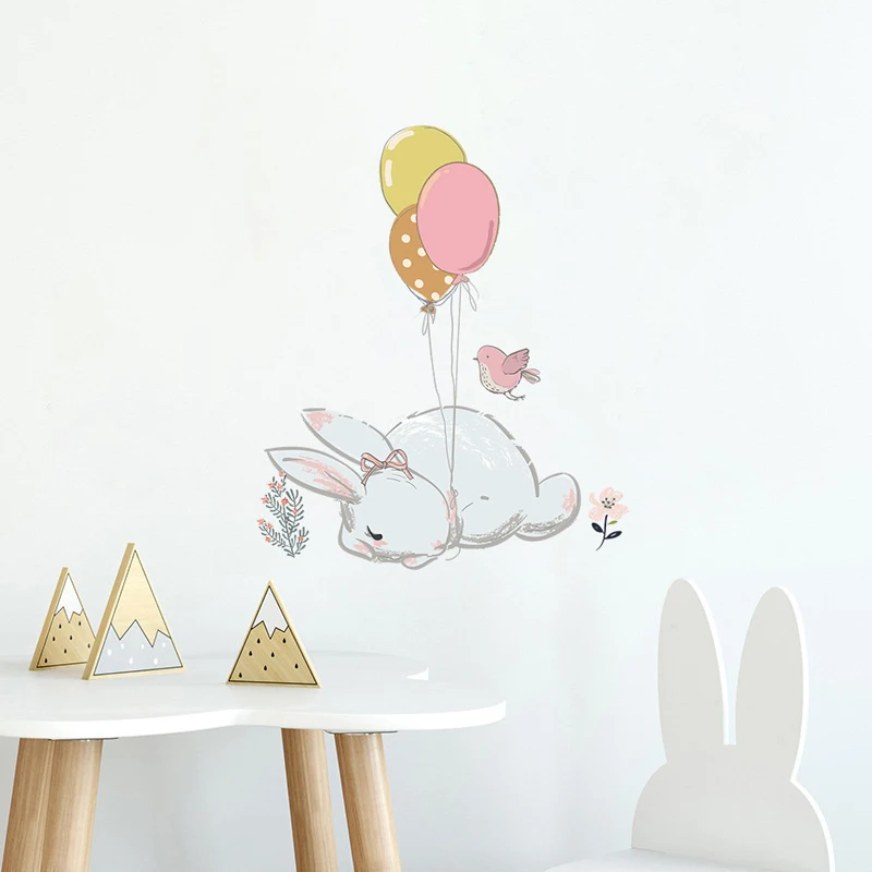 

Cute Bunny Balloon Wall Stickers Living Room Kids Room Background For Home Decoration Wallpaper Removable Cartoon Rabbit Sticker