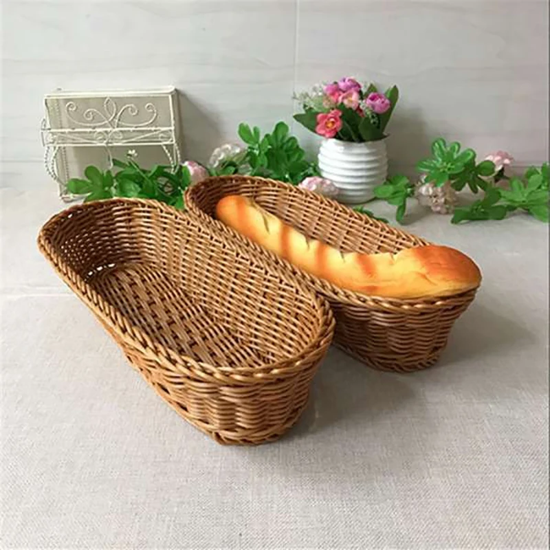 

4 Pcs Imitation Rattan Woven Bread Baskets, Woven Food Serving Tray, Baking Display Bread Poly-Wicker Bread Basket