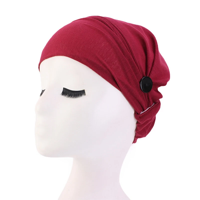 

Casual Women Turban Head Wrap Hat Soild Color Buttons Round Turban Hat Adult Casual Cotton Hat Hair Accessory Turbantes Caps