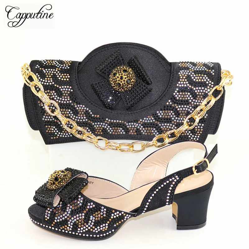 

Fashion Black African Lady's Sandals With Bag Nice High Heel Shoes And Handbag Set With Rhinestones CR2101 Heel Height 6.8CM