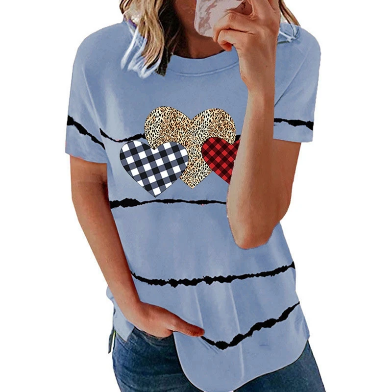 

Women's Fashion Casual Striped Love Leopard Print Short Sleeve T-Shirt Top