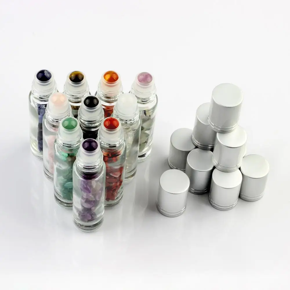 10ml Natural Gemstone Roller Ball Bottle Refillable Essential Oil Body Perfume Glass inside Healing Crystal Beauty Chips 1pc