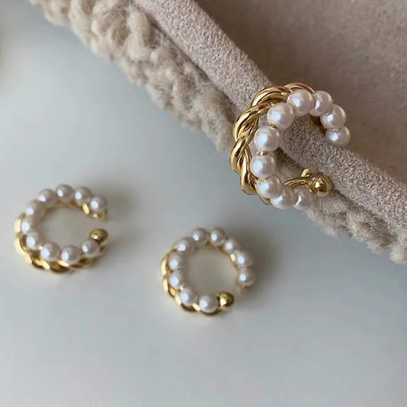 Korean Gold Color Double Circle Twist Pearl Ear Cuff Vintage Geometric Circle Earcuff Fake Piercing Pearls Clip on Earings