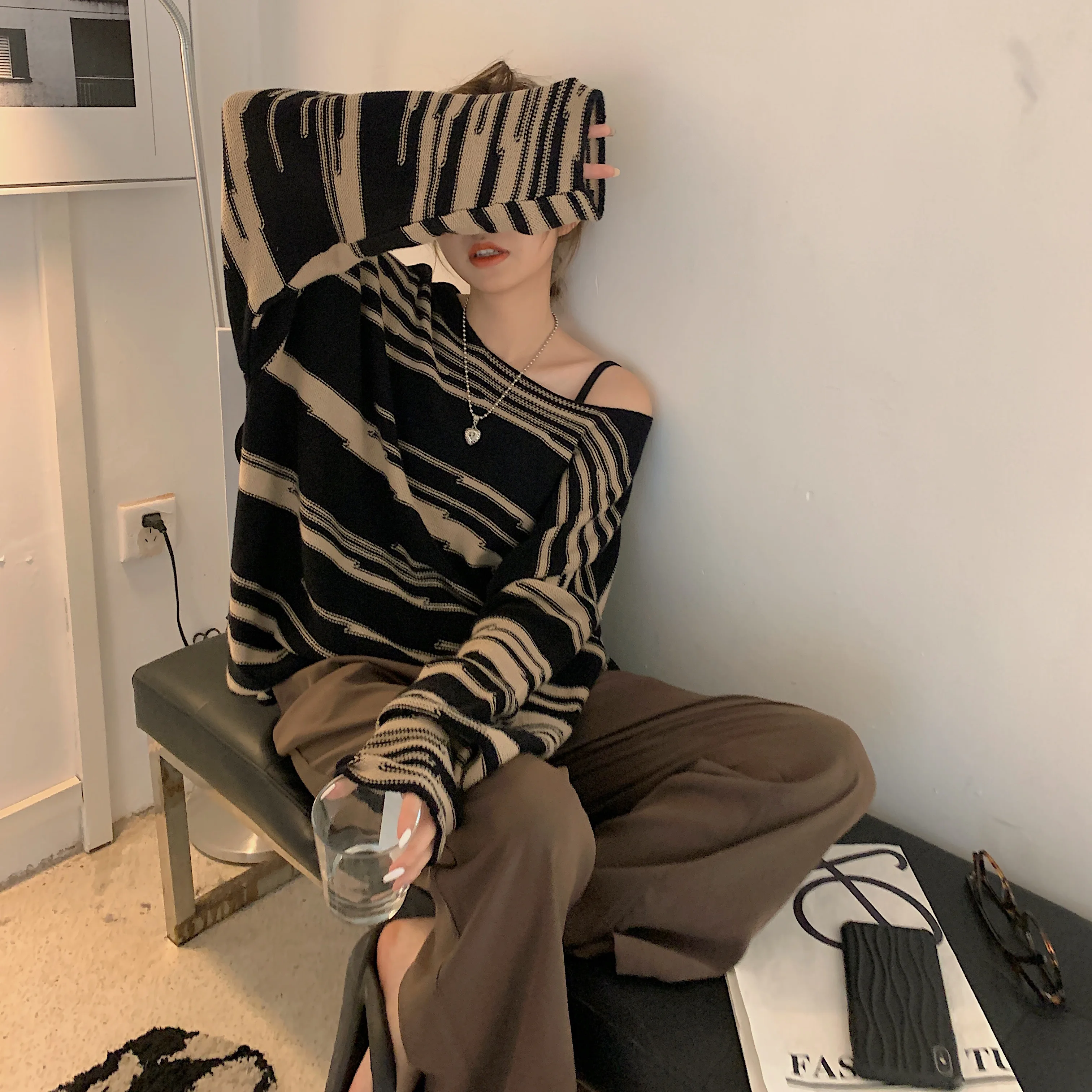 

y2k NEW Women Punk Gothic Striped Long Sleeve Loose Patchwork Sweater Hip Hop Retro Oversize Pullover Casual Knitted Jumpers