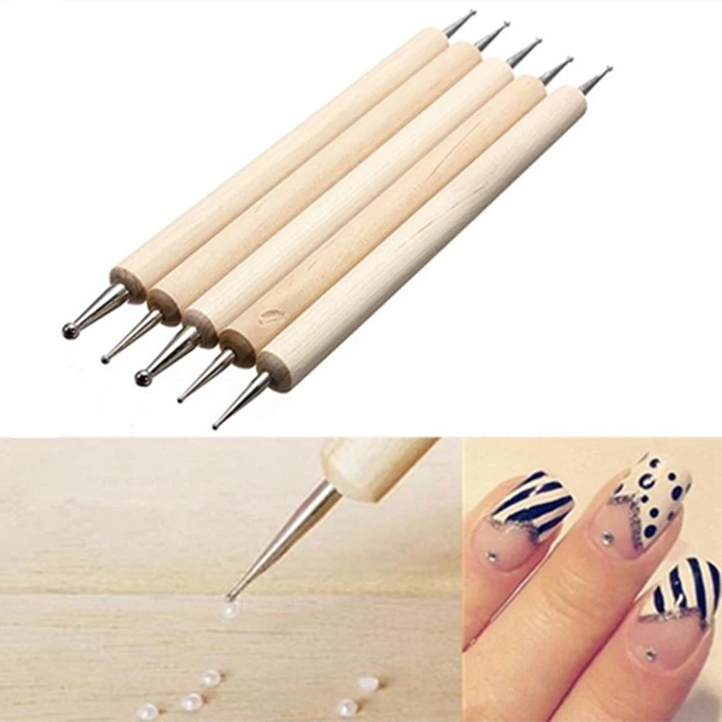 5Pcs Art Dot Dotting Tools for Nail Design Manicure Rhinestone Picker 2 Way Wooden Pen Marbleizing Tool | Красота и здоровье