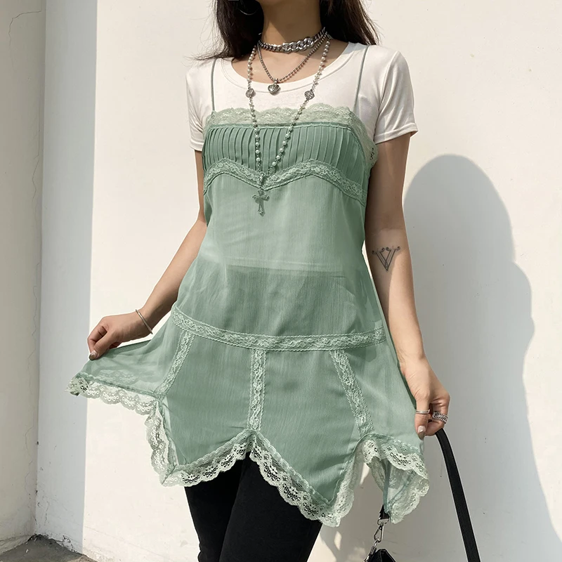 

Vintage Green Chiffon Slip Dress Women Patchwork Lace Cute Y2K Hollow Out Sleeveless Dress 2022 Summer Irregular Party Dresses