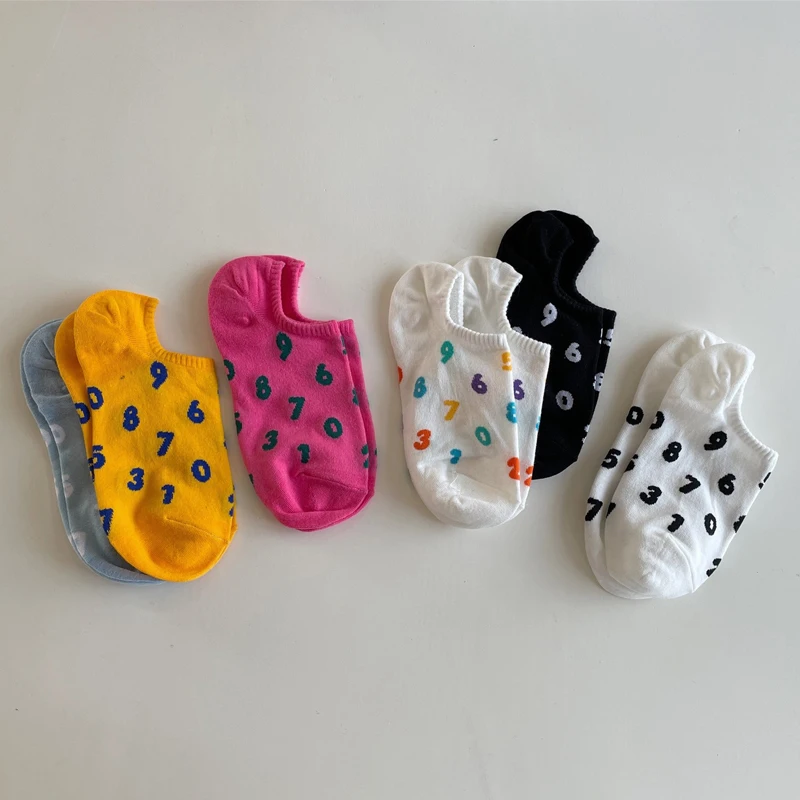 

6 Pairs/Pack Kawaii Socks Women Cotton Summer Ankle Socks Funny Candy Color Cute Number Low Cut Novelty Socks