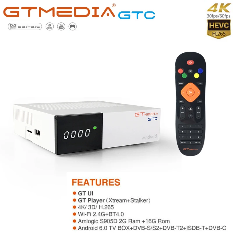 ТВ приставка GTMEDIA GTC Android 6 0 DVB T2/S2/C/ISDBT комбинированный приемник H.265 спутниковый