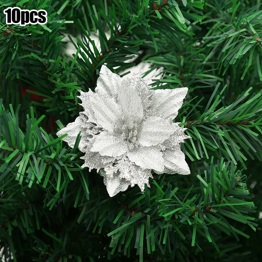 

10X Christmas Poinsettia Glitter Flower Tree Hanging Party Xmas Decoration UK Christmas Pendant & Drop Ornaments Festive Party