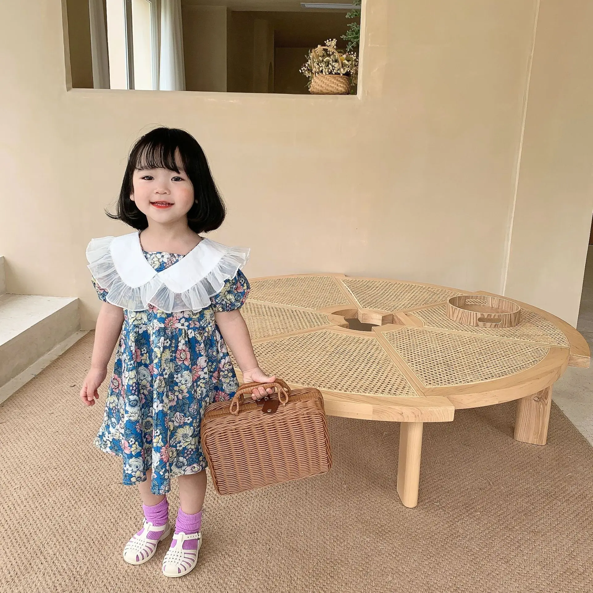 

7224 Korean Baby Girl Clothes Dress Summer 2021 Lace Turn Down Collar Princess Dress Boutique Lovely Cute Baby Party Dress
