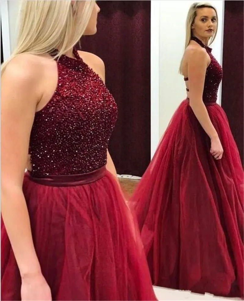 

Modest A-line Tulle Halter Sleeveless Beads Prom Dress Crystals Top Burgundy Long Evening Formal Gowns Open Back Vestidos Noiva