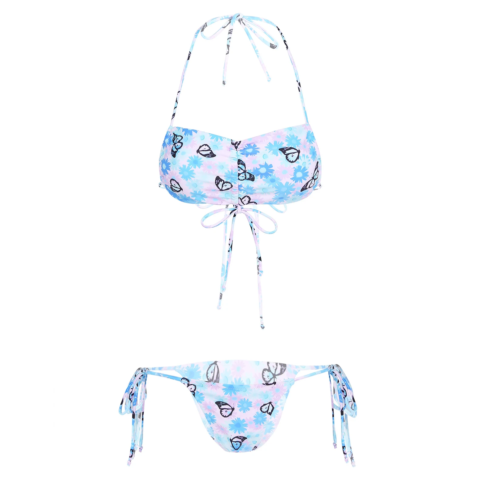

Womens Lingerie Bikini Set Butterfly Flower Printed Lace-up Bathing Suit Sexy Ladies Front Drawstring Bra with Thong Swimsuit