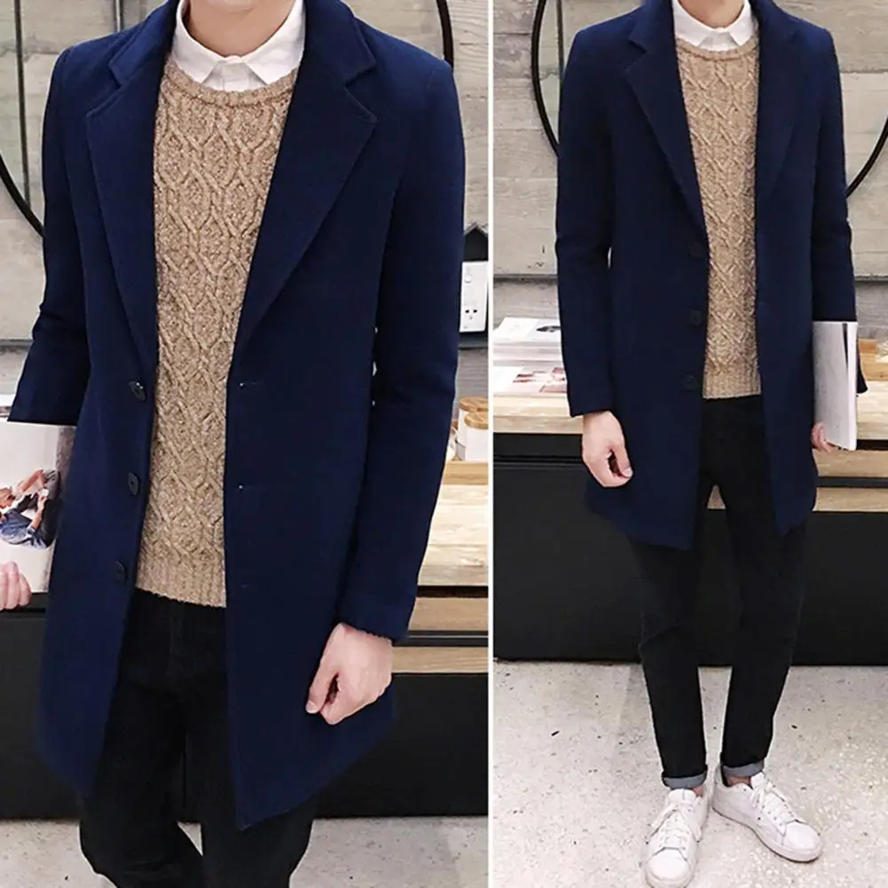 

XL men's solid color casual fashion long-sleeved lapel collar button wool windbreaker daily life