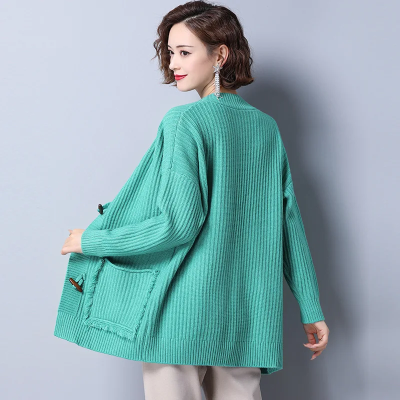 

Large Size Dress Autumn Coat Mid-length niu jiao kou 2020 New Style Autumn and Winter Knitted Cardigan Ladies Blouse 08162