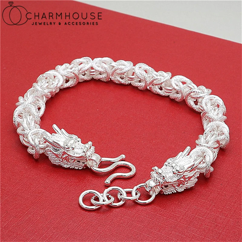 Браслет-цепочка мужской из чистого серебра 925 пробы с драконом | Украшения и