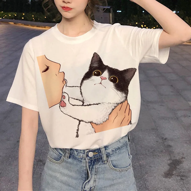 

A Cat Print Short Sleeve T-Shirts Women Loose White Round Neck Tops for Girls